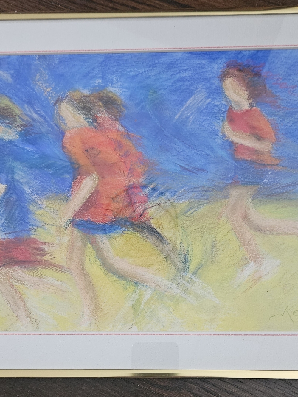 Original Pastel Artwork Print in Blue and Red – Framed Home Art Children Running - Picture 4 of 5